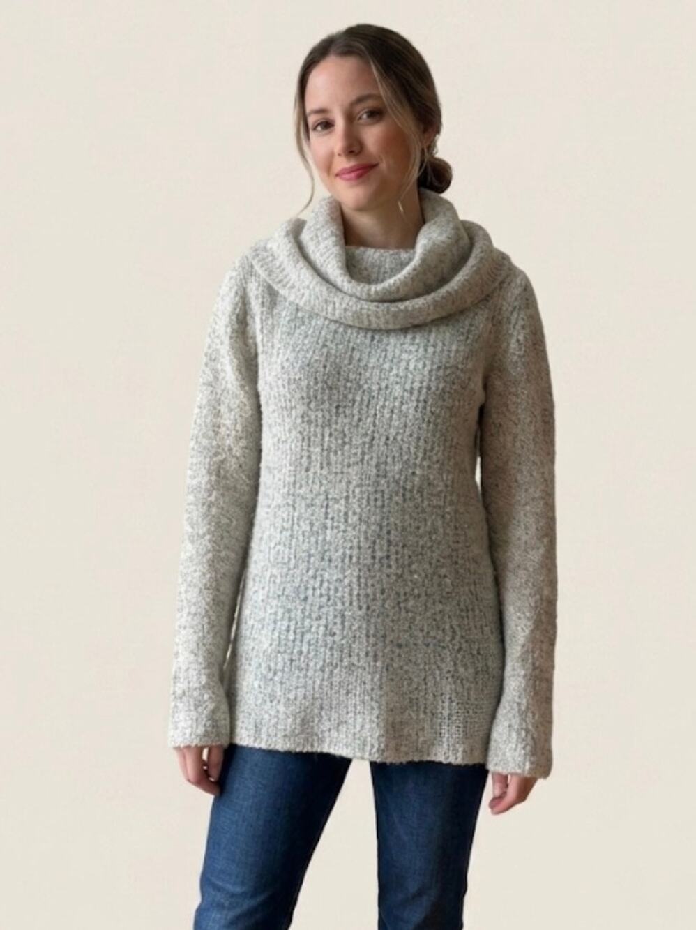 MAGASCHONI Cashmere Silk Cowl Neck Open Knit Gray Fleck Marled Tunic Sweater M